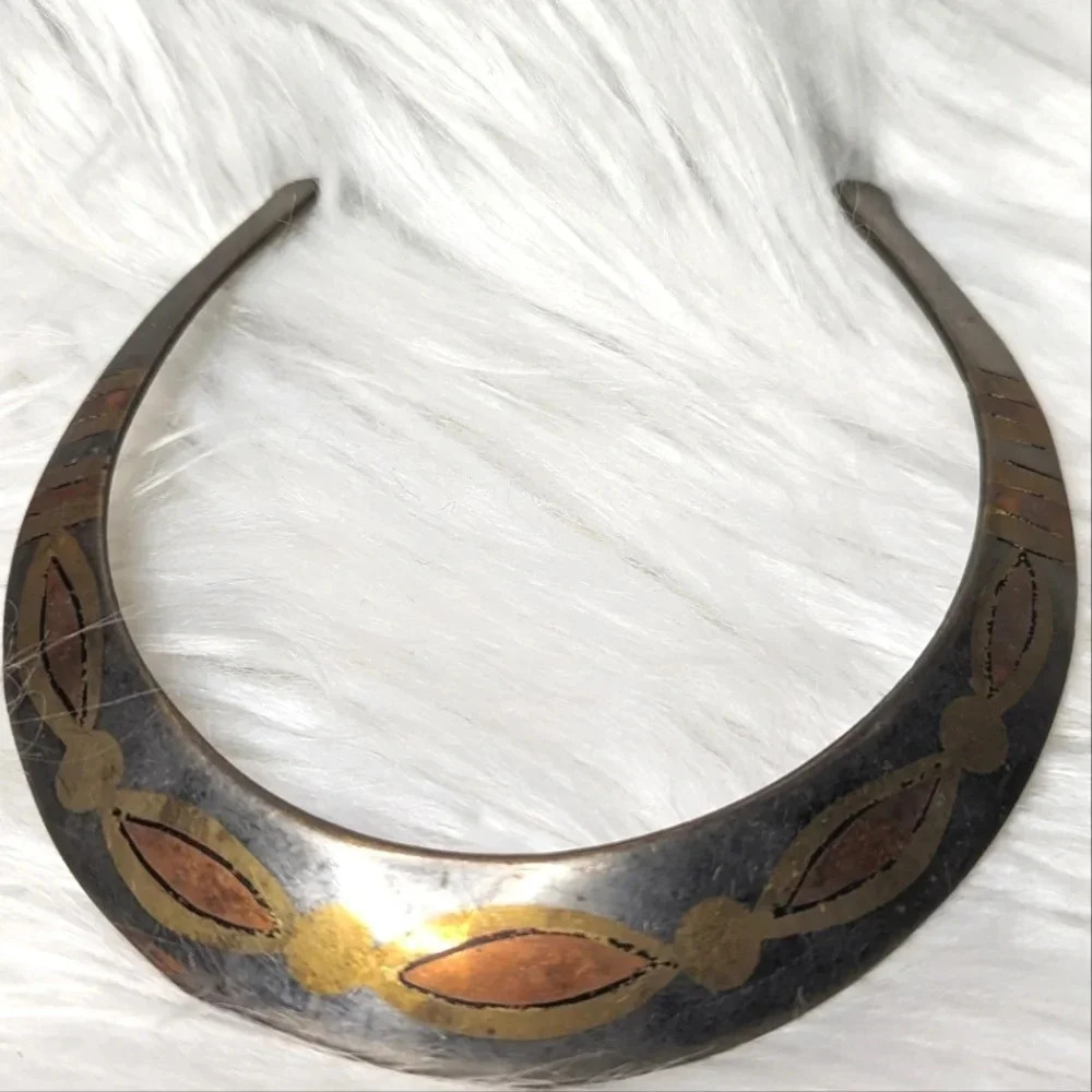 Brass Choker Necklace Ethnic Design Hand Painted-Unique statement estate jewelry